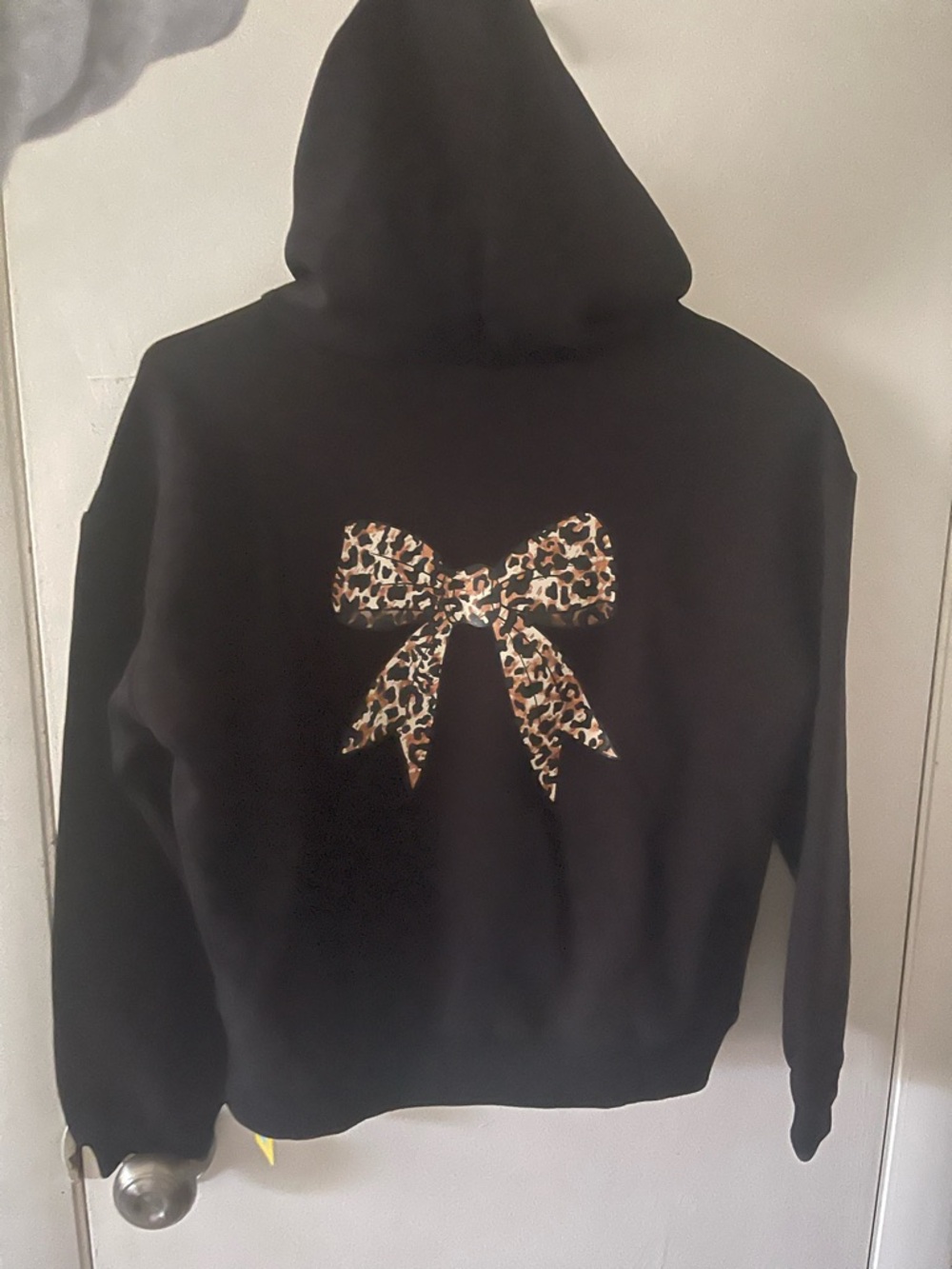 Black Hooded Sweater - with leopard bow in the back - GIRLS 11/12 y/o
